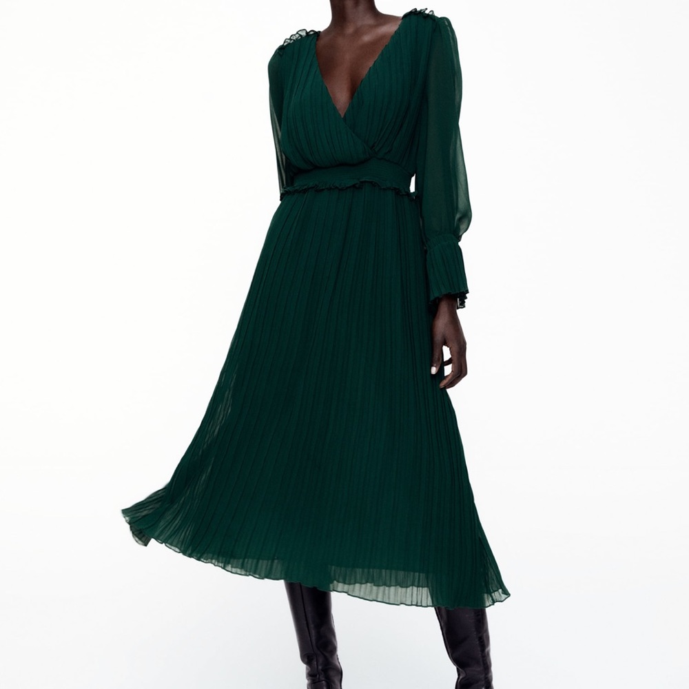 Zara Pleated Dark Green Midi Dress